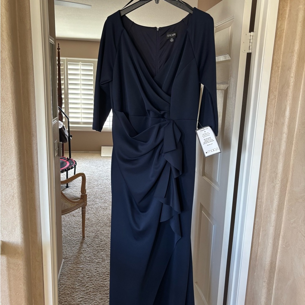 Xscape Navy Ruched Wrap Gown